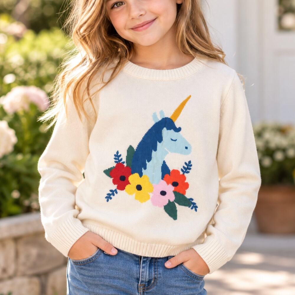Hanna Andersson Girls Unicorn Sweater Size 8 130 100% Cotton Floral Cream Knit